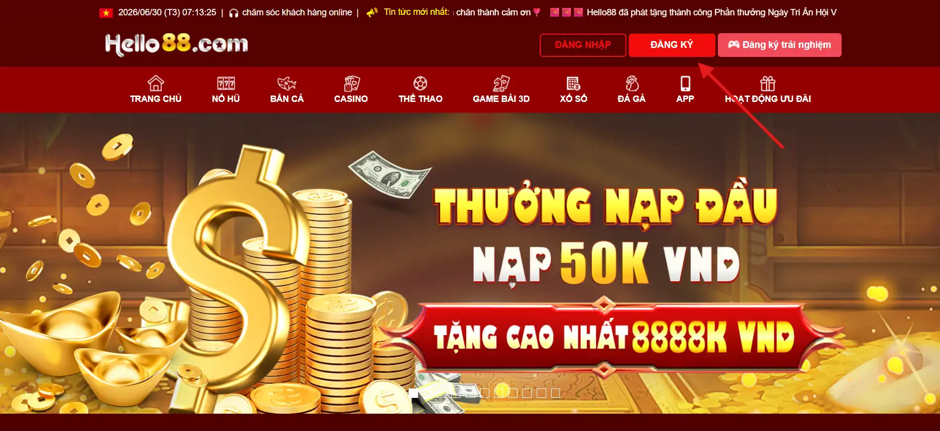 Đăng Ký Hello88 - Hướng Dẫn Tạo Tài Khoản Nhanh Nhất 2026 3 Chọn Đăng ký ở góc trên bên phải