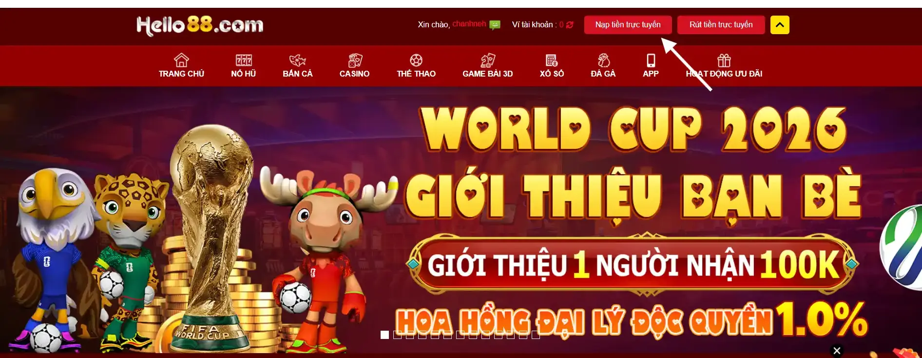 Nạp Tiền Hello88 - Hướng Dẫn Giao Dịch Thần Tốc, An Toàn 100% 2 Truy cập vào mục nạp tiền ở trên trang chủ